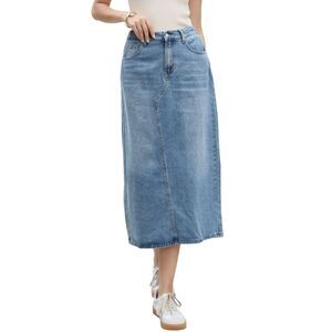 Women's Denim Skirt Midi Length Elastic Waist Split Back Long Jean Skirts